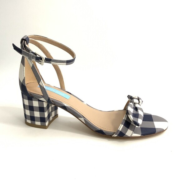 Draper James Sandals Women Size 8M Blue White Gingham Block Heel Ankle Strap - Picture 2 of 12